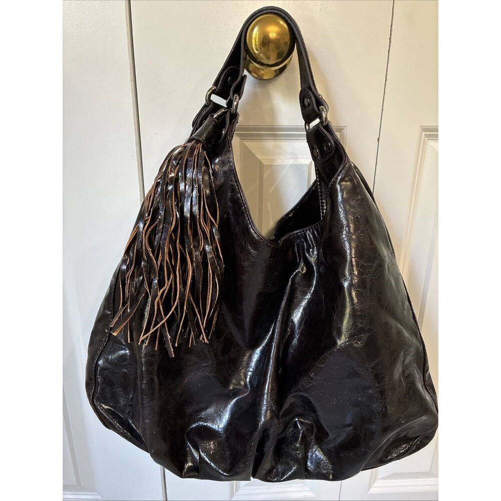 Y2K Large Slouchy Hobo Tassel Shoulder Bag Purse Patent Leather Patina Weathered
